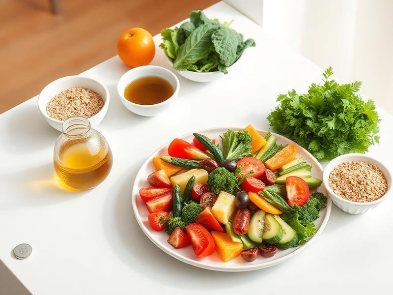 Balanced healthy meal with vegetables, olive oil, and whole grains